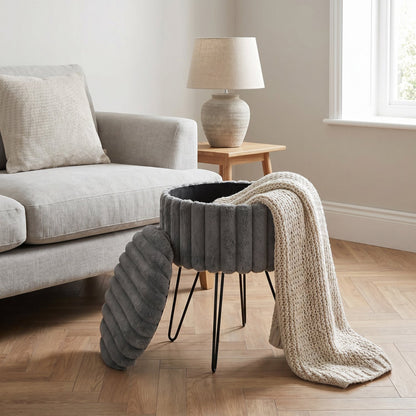 Elegant Ribbed Storage Stool With Hairpin Legs – Charcoal