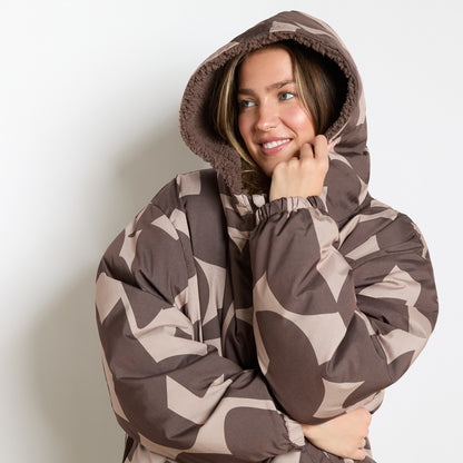 Geometric Print Sherpa Drying Robe – Brown