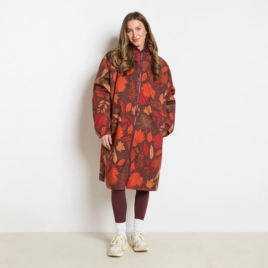 Fun Print Sherpa Drying Robe – Autumn Leaves Orange/Burgundy