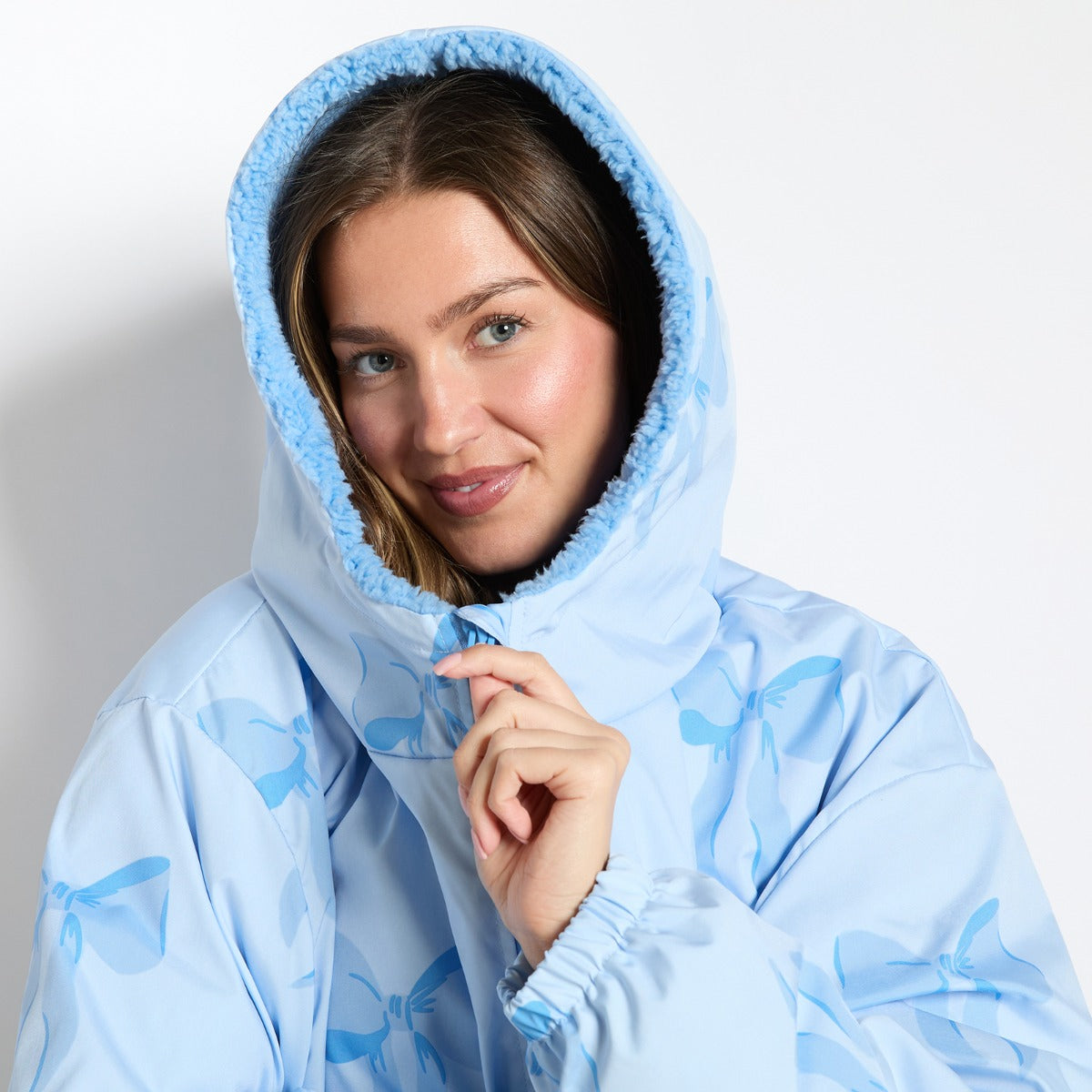 Bow Print Sherpa Drying Robe – Blue