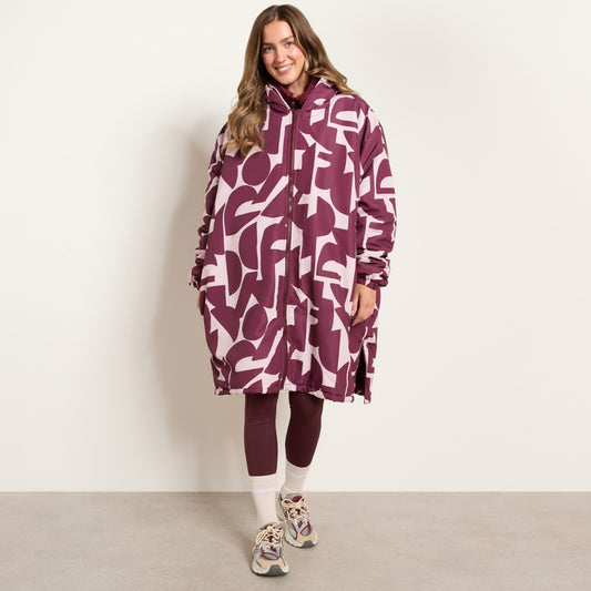 Geometric Print Sherpa Drying Robe – Burgundy