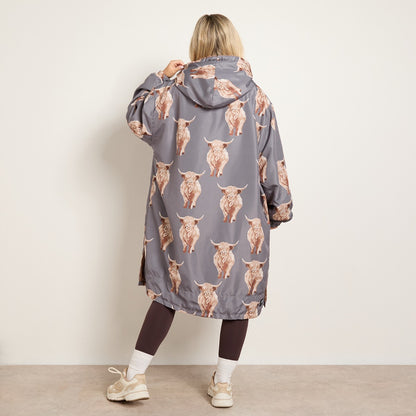 Fun Print Sherpa Drying Robe – Highland Cow Grey/Brown