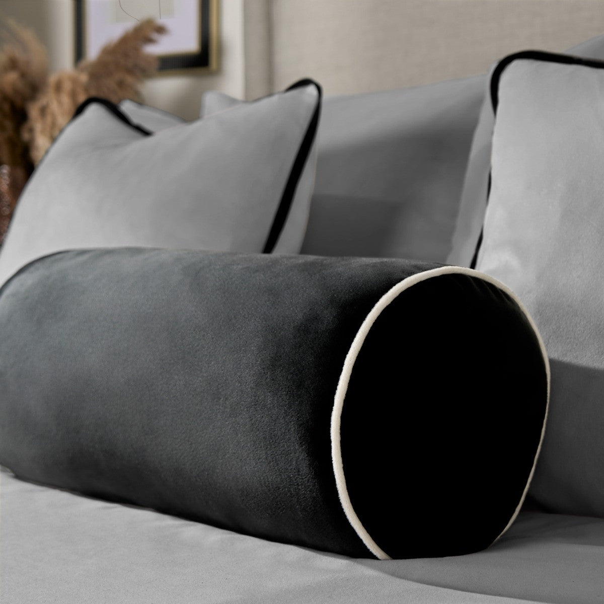 Matte Velvet Bolster Cushion – Black/Cream