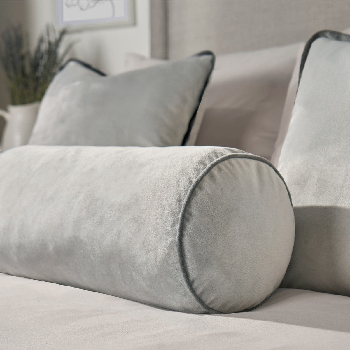 Matte Velvet Bolster Cushion – Grey/Charcoal