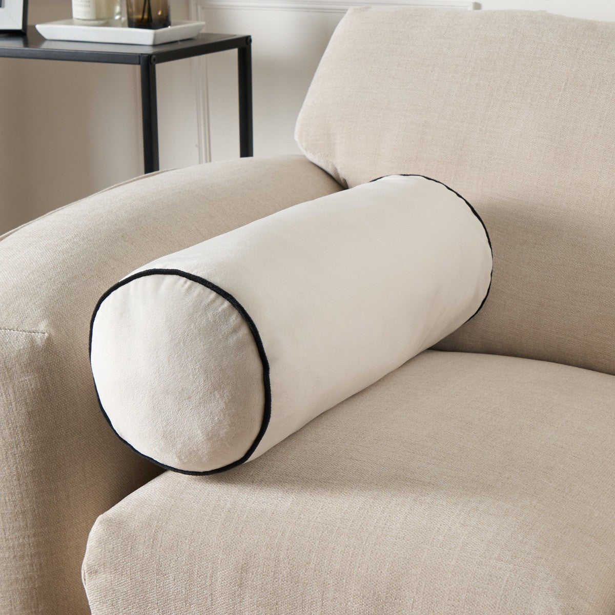 Matte Velvet Bolster Cushion – Cream/Black