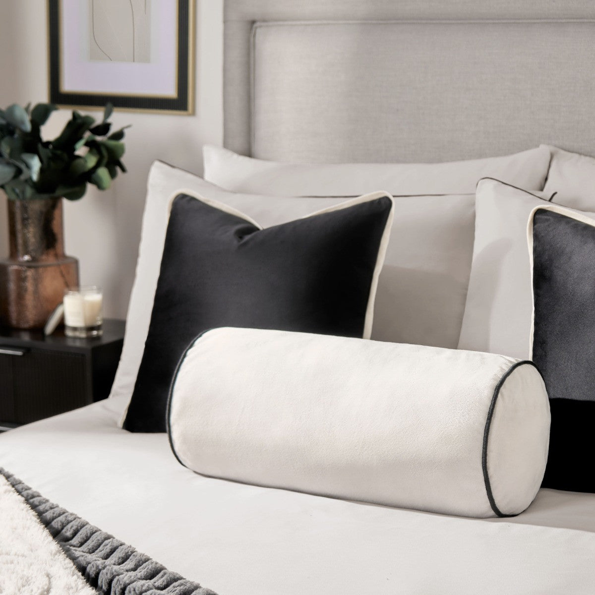 Matte Velvet Bolster Cushion – Cream/Black