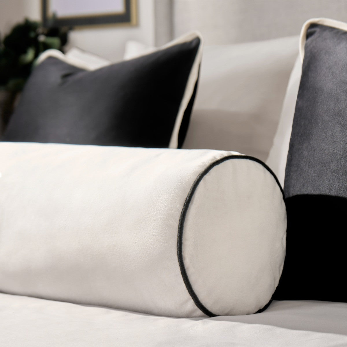 Matte Velvet Bolster Cushion – Cream/Black