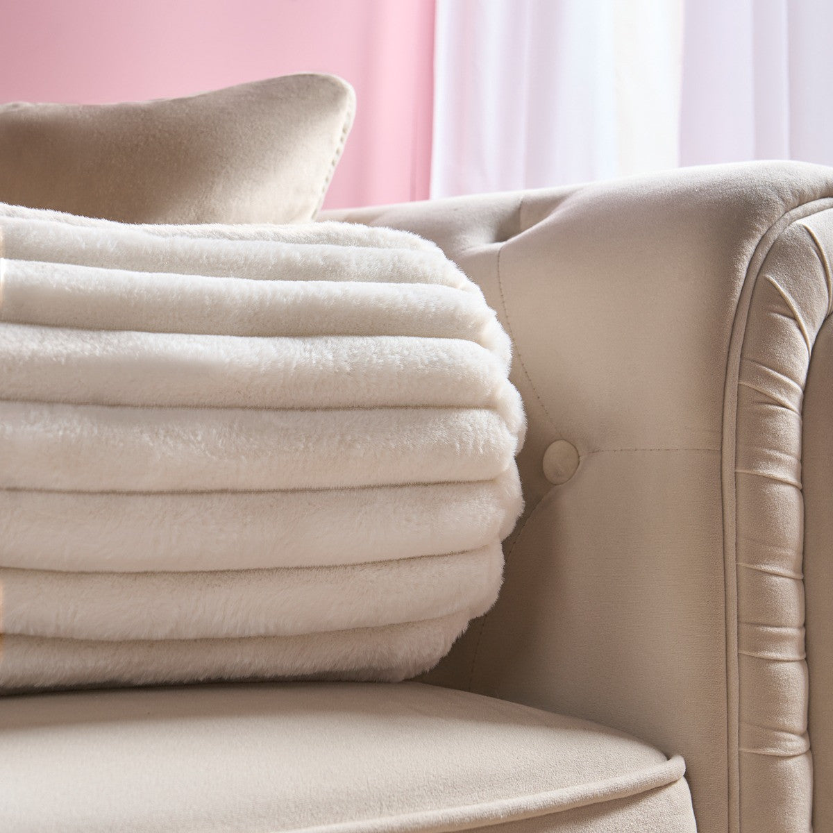 Faux Fur Ribbed Bolster Pillow – Cream