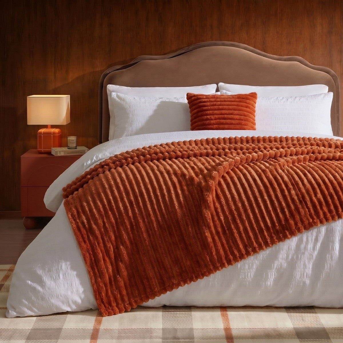 Faux Fur Thick Ribbed Throw – Rust