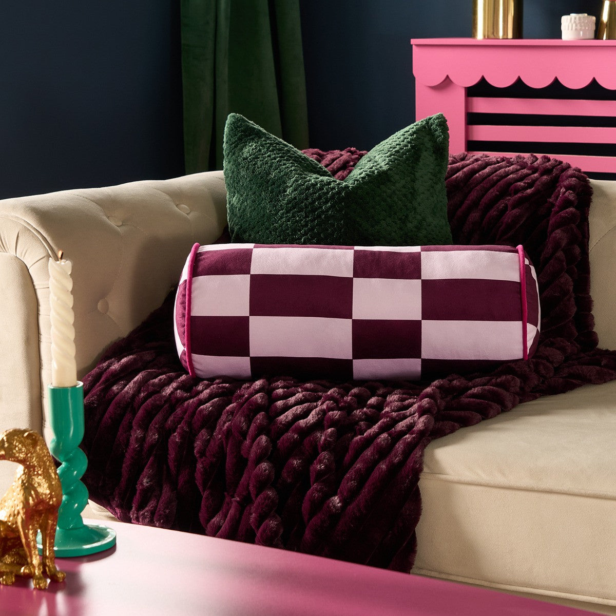Check Print Bolster Pillow – Pink/Burgundy