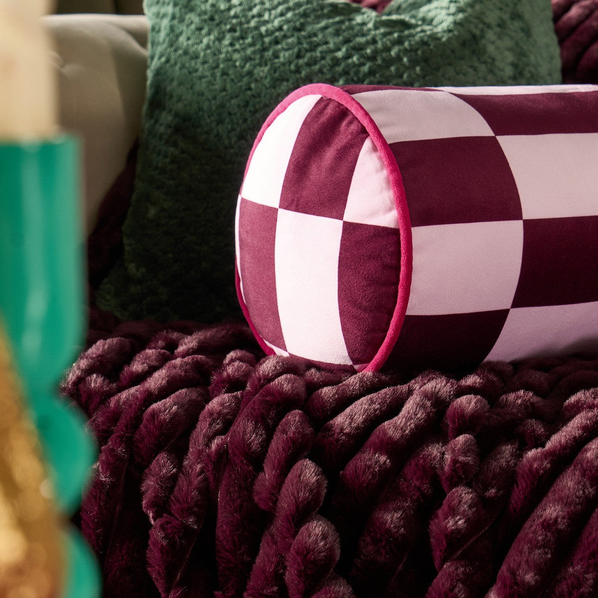 Check Print Bolster Pillow – Pink/Burgundy