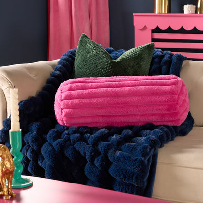 Faux Fur Ribbed Bolster Pillow – Hot Pink