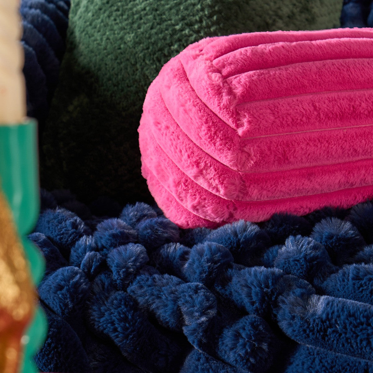 Faux Fur Ribbed Bolster Pillow – Hot Pink