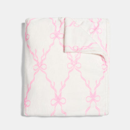 Bow Print Ultra Soft Throw – White/Pink