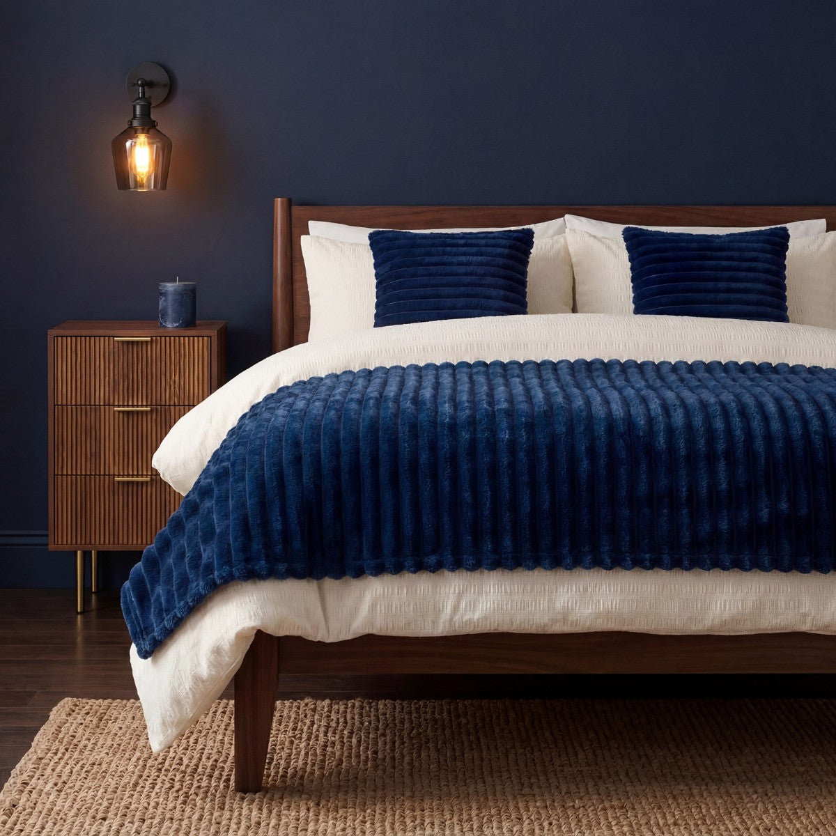 Faux Fur Thick Ribbed Throw – Navy