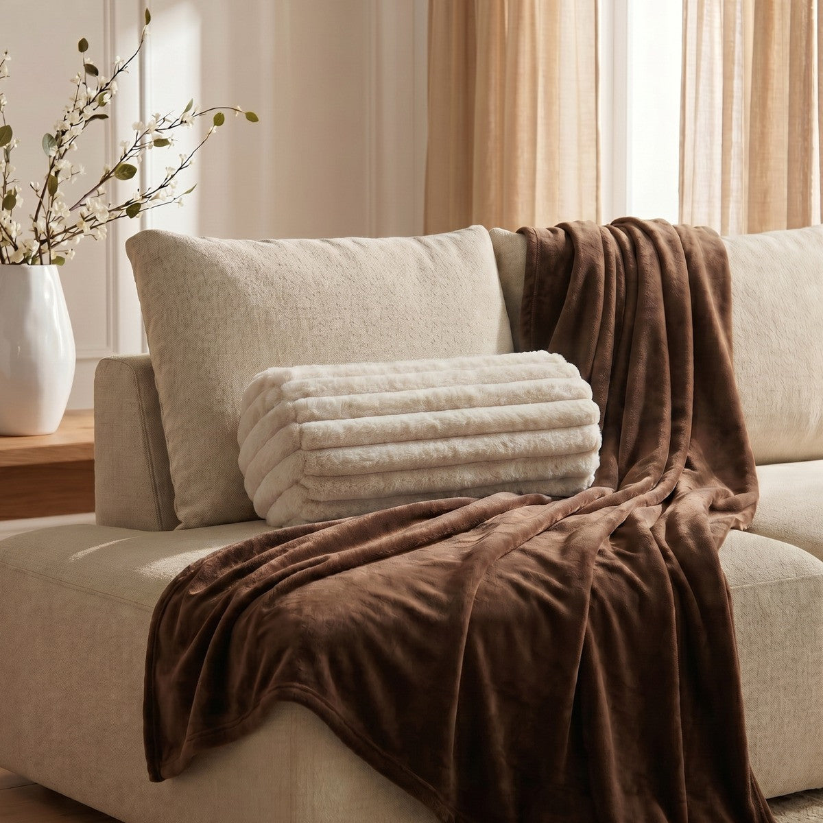 Faux Fur Ribbed Bolster Pillow – Natural
