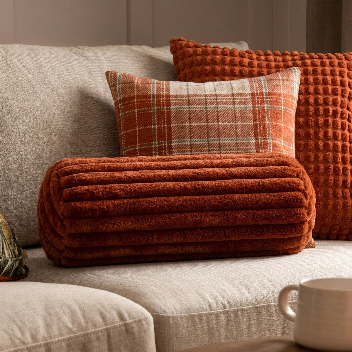 Faux Fur Ribbed Bolster Pillow – Rust