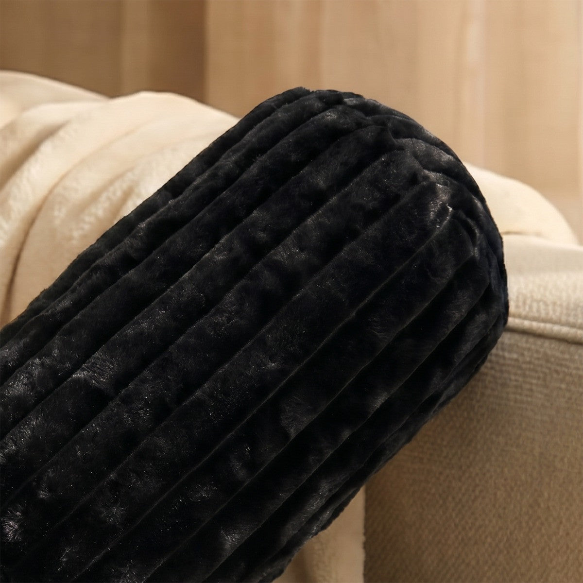 Faux Fur Ribbed Bolster Pillow – Black
