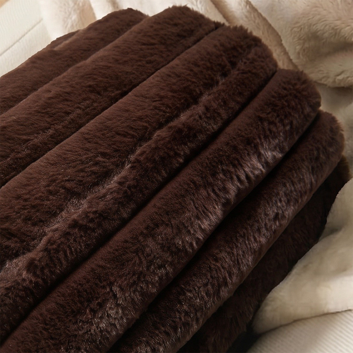 Faux Fur Ribbed Bolster Pillow – Brown