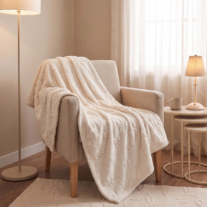 Tufted Bow Teddy Fleece Throw – Ivory