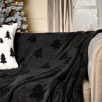 Tufted Winter Tree Teddy Fleece Throw – Black