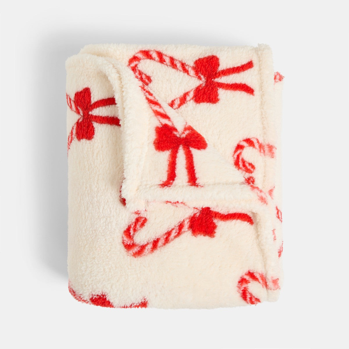 Candy Bow Heart Print Teddy Throw – White/Red