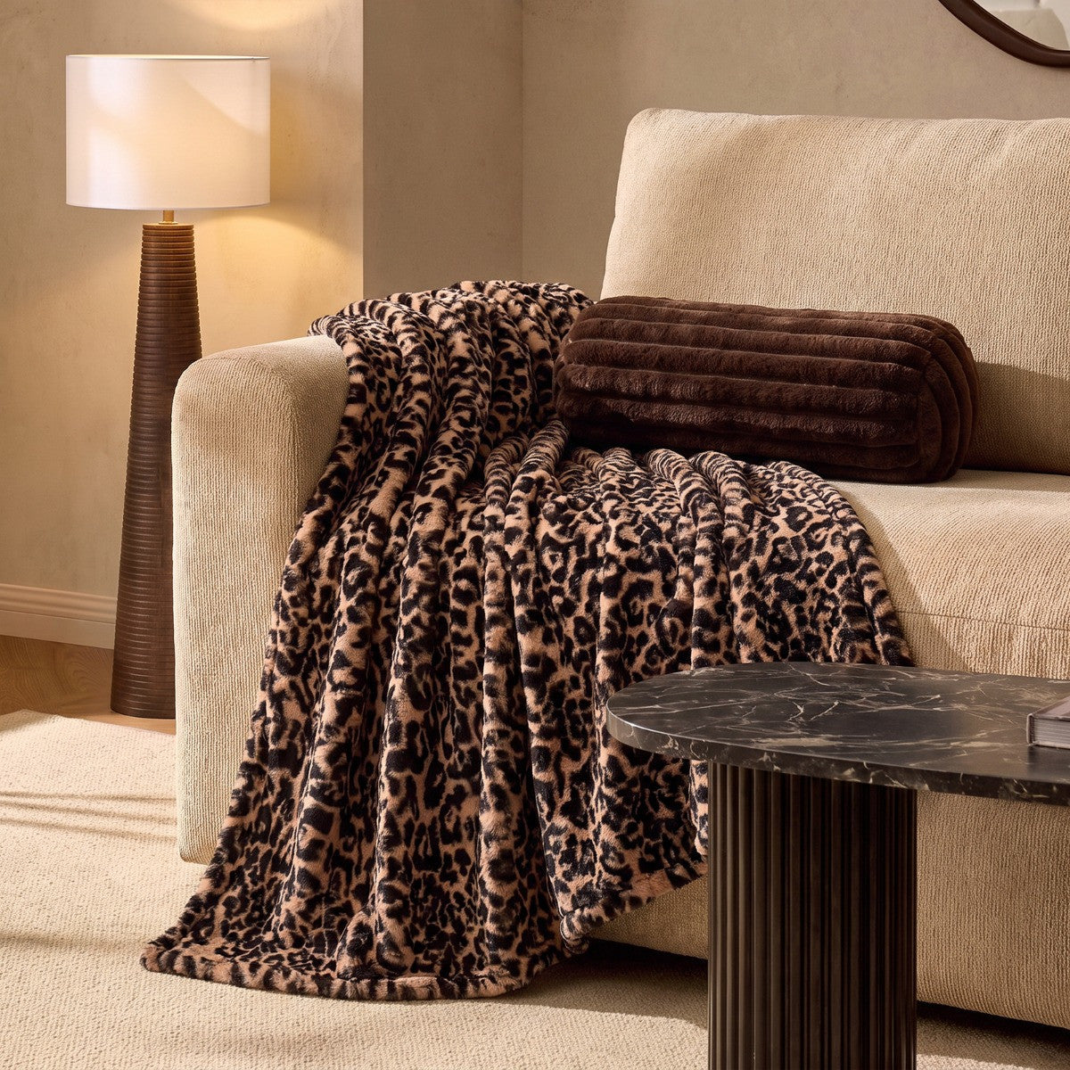 Leopard Print Teddy Fleece Throw – Brown