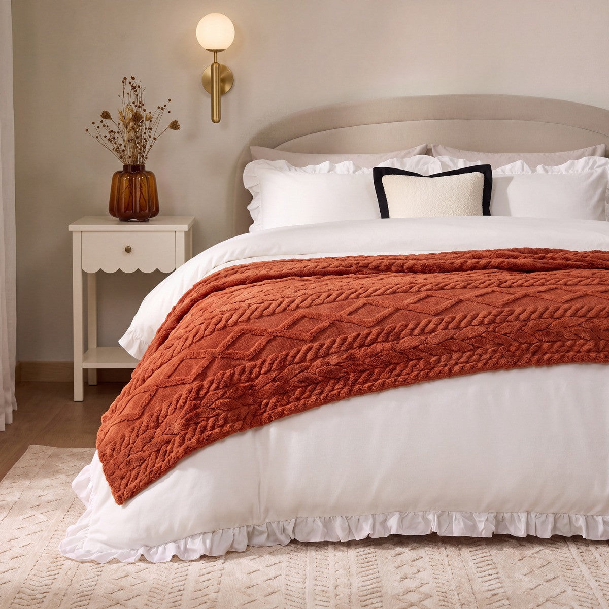 Cable Knit Sherpa Throw – Rust