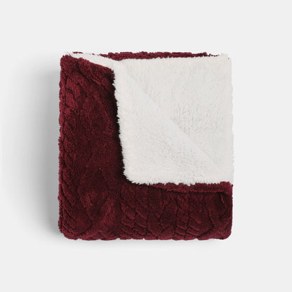 Cable Knit Sherpa Throw – Burgundy