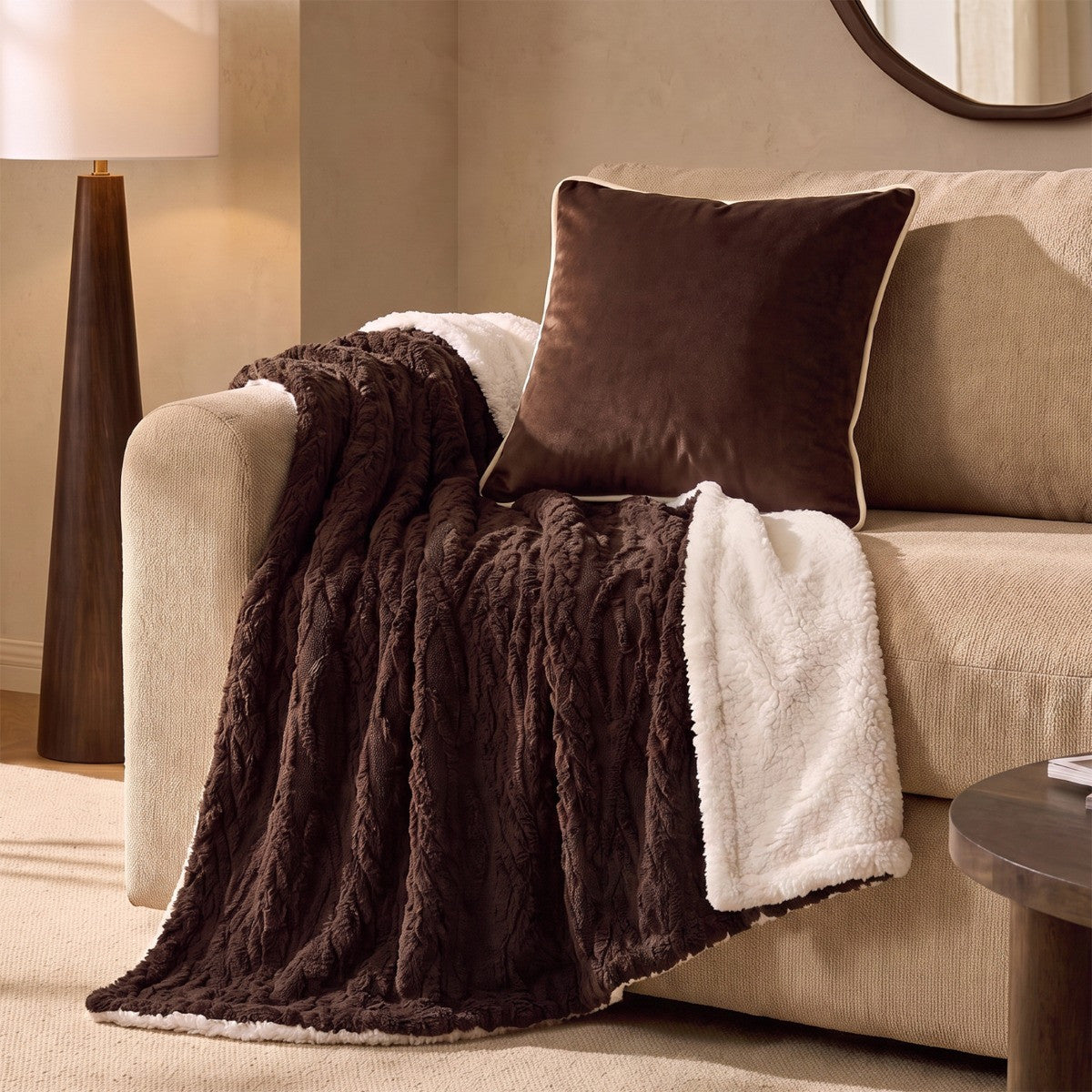 Cable Knit Sherpa Throw – Brown