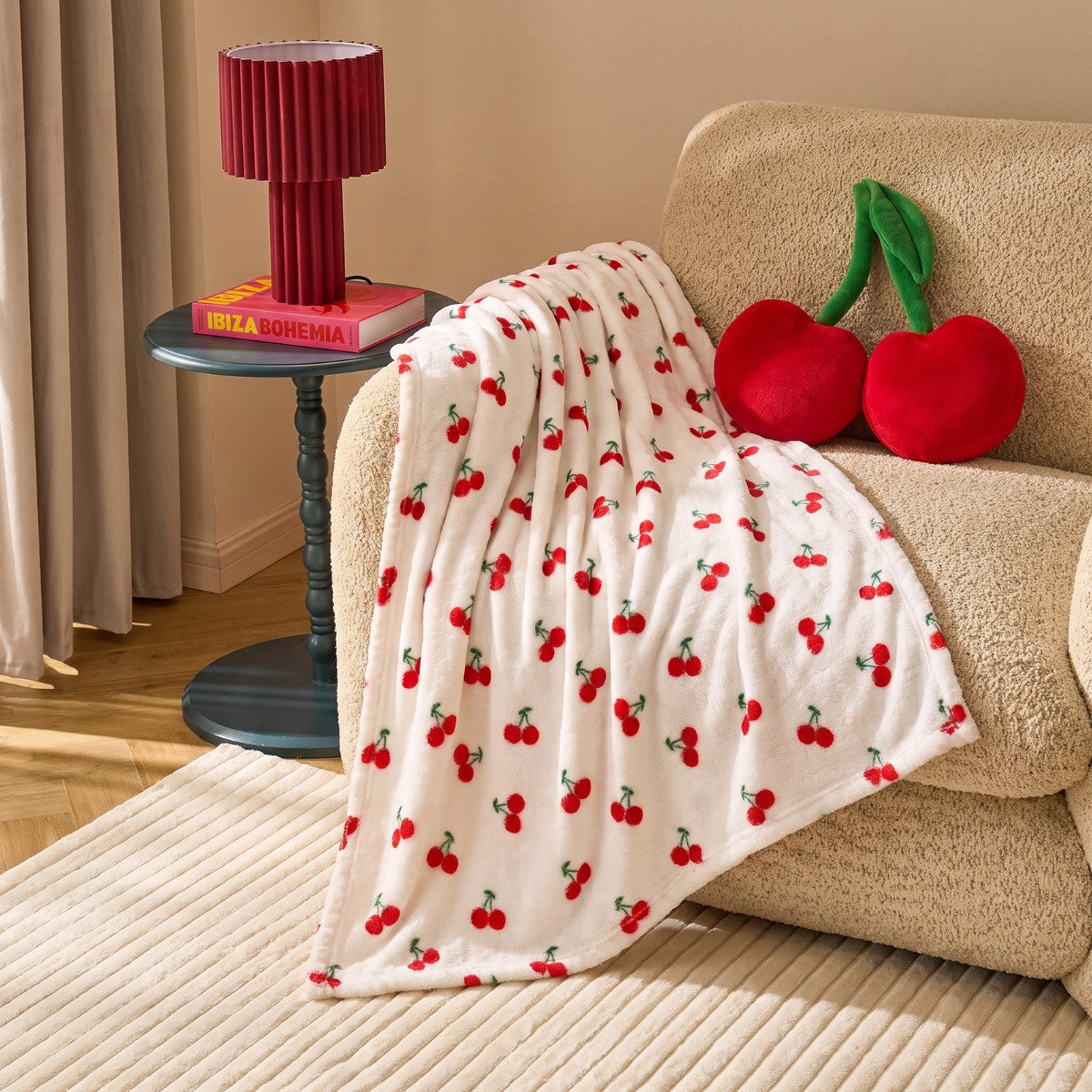 Cherry Embossed Fleece Throw – Cream/Red