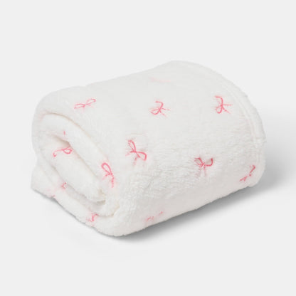 Bow Embossed Fleece Throw – White/Pink