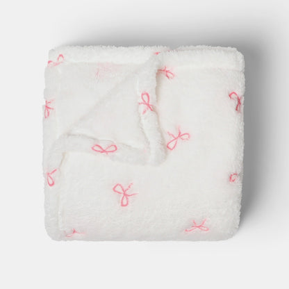 Bow Embossed Fleece Throw – White/Pink