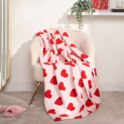 Heart Print Fleece Throw – Pink/Red