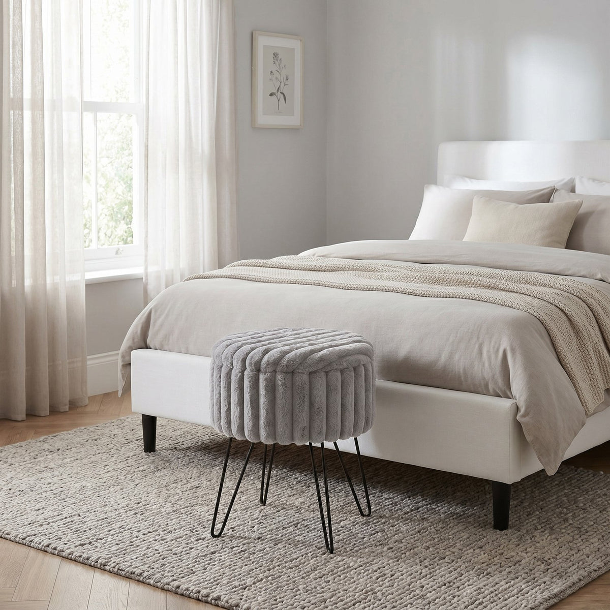 Elegant Ribbed Storage Stool With Hairpin Legs – Grey