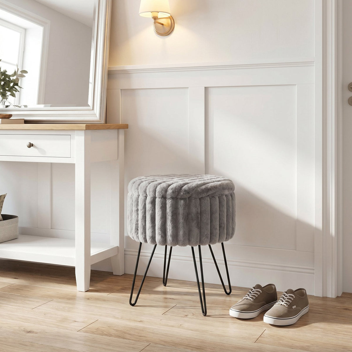 Elegant Ribbed Storage Stool With Hairpin Legs – Grey