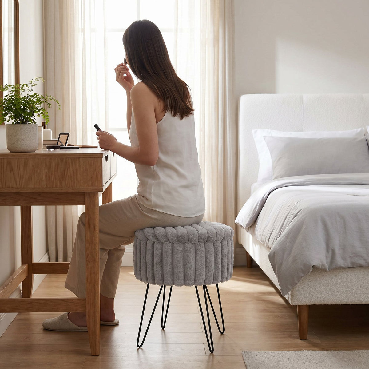 Elegant Ribbed Storage Stool With Hairpin Legs – Grey