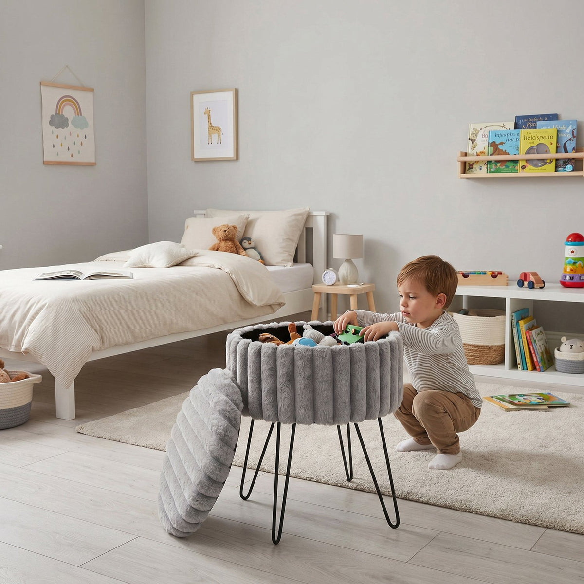 Elegant Ribbed Storage Stool With Hairpin Legs – Grey