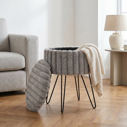 Elegant Ribbed Storage Stool With Hairpin Legs – Grey