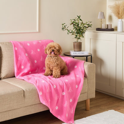 Pet Bow Paw Print Fleece Throw – Pink
