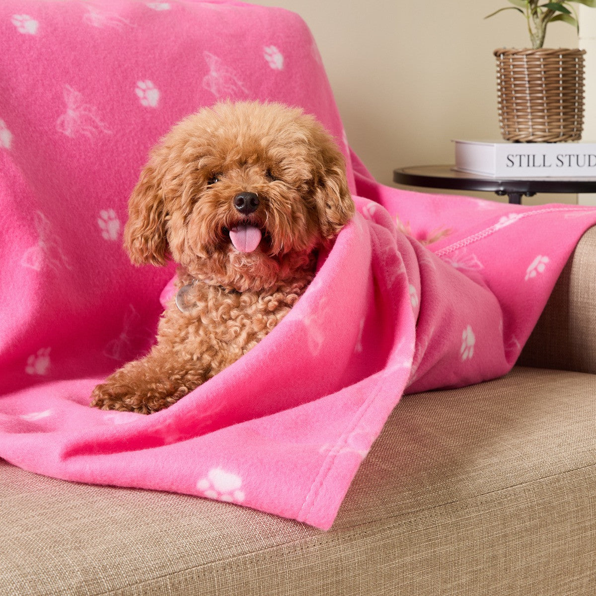 Pet Bow Paw Print Fleece Throw – Pink