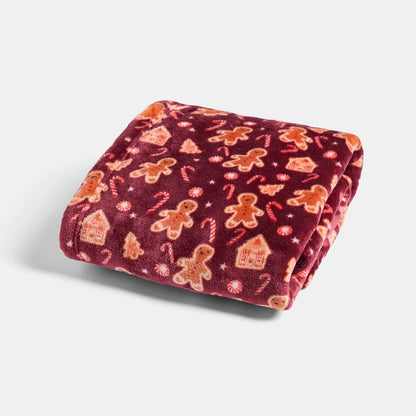 Pet Gingerbread Man Print Pet Sherpa Reverse Throw – Burgundy