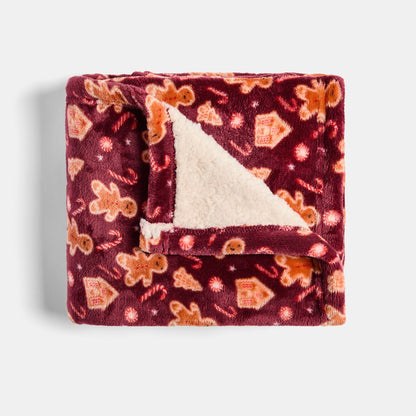 Pet Gingerbread Man Print Pet Sherpa Reverse Throw – Burgundy