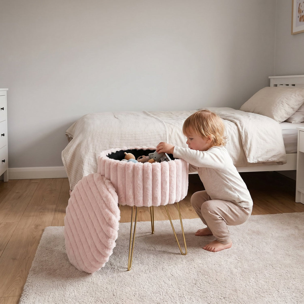 Elegant Ribbed Storage Stool With Hairpin Legs – Pink