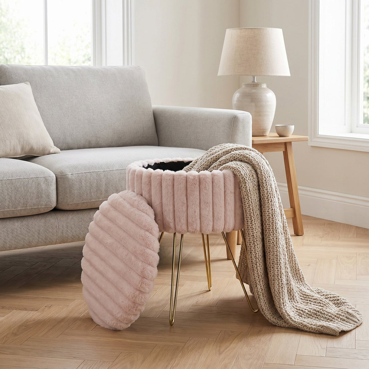 Elegant Ribbed Storage Stool With Hairpin Legs – Pink