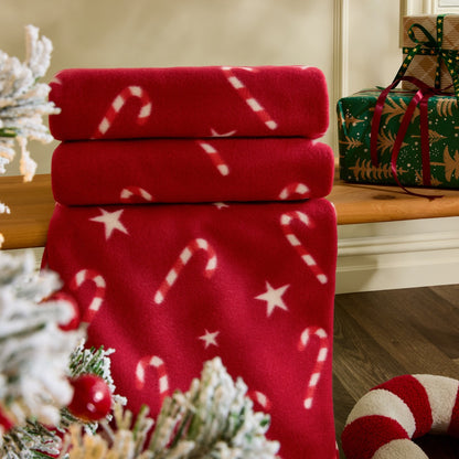 Candy Cane Print Fleece Throw – Red