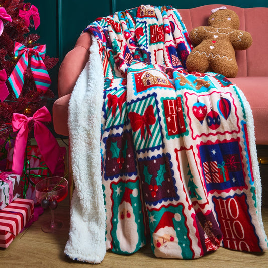 Christmas Postcard Print Sherpa Fleece Throw – Multi